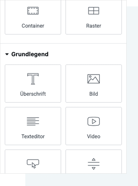 Symbole eines Layout-Editors mit Container, Raster, Überschrift, Bild, Texteditor und Video für WordPress und Elementor Page Builder.